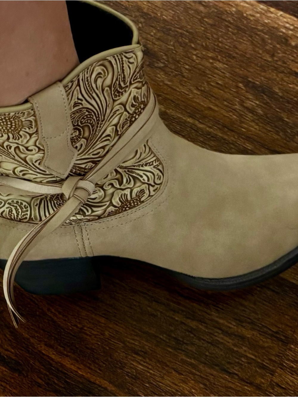 dingo Beige Floral-Embossed Ankle Booties